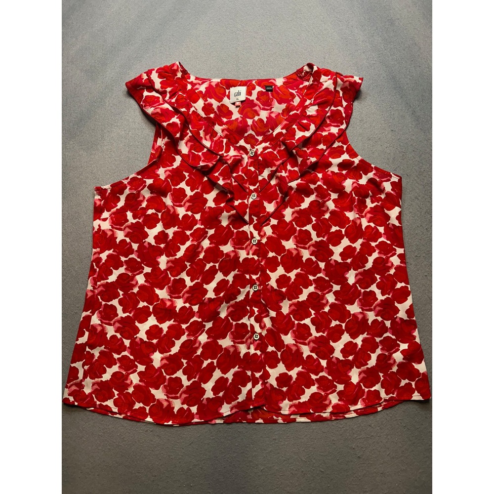 Cabi Red White Rose Floral Ruffle V-Neck Button Down Blouse Top XL -319